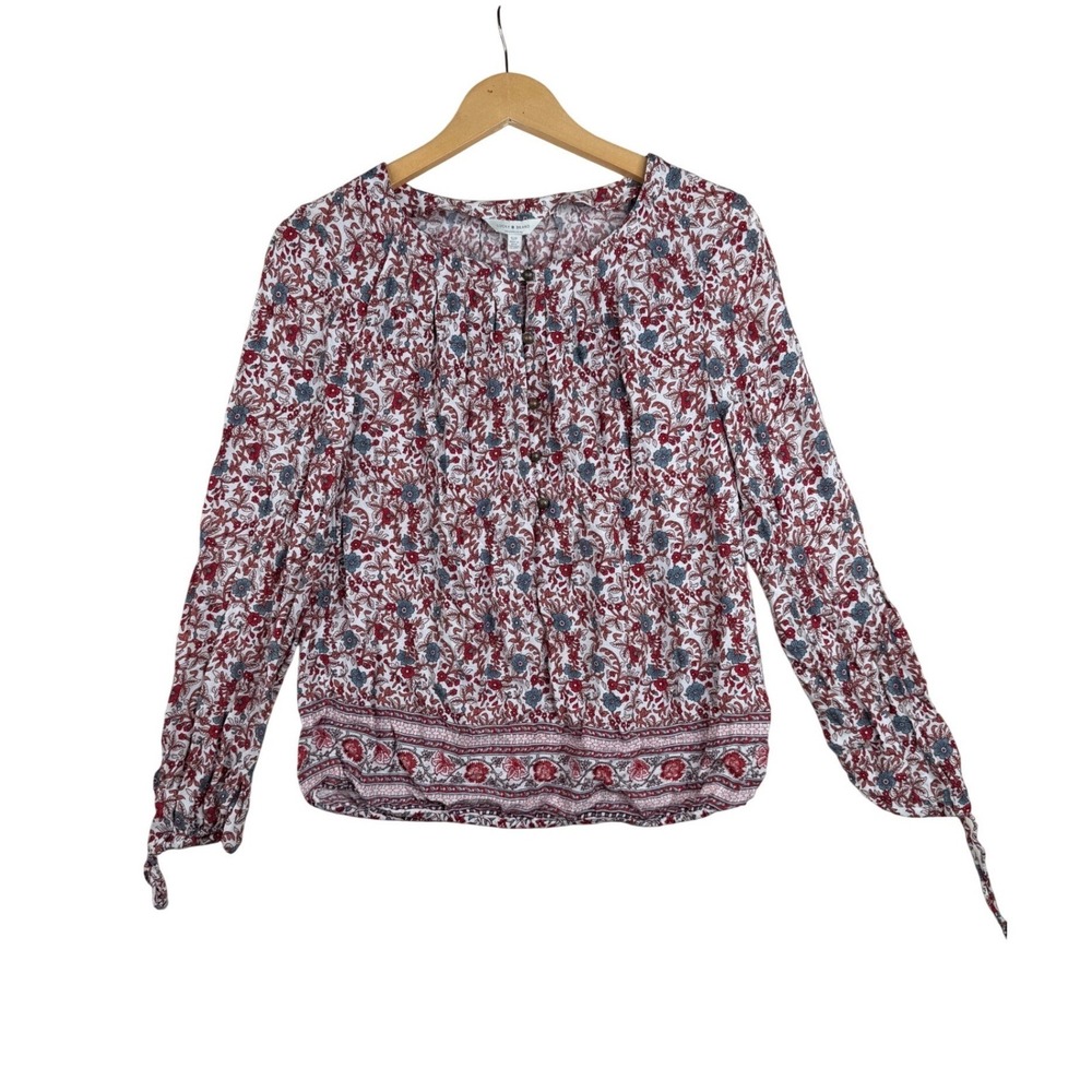 Lucky Brand Floral Print Long Sleeve Blouse size Small Red/White